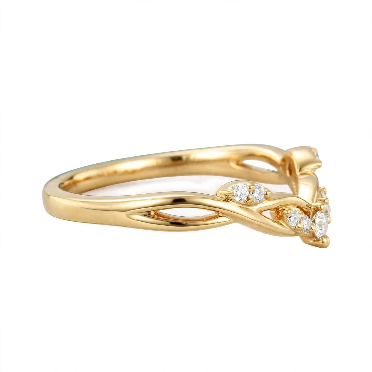 14K Yellow Gold Nature-Inspired Curved Diamond Wedding Band
