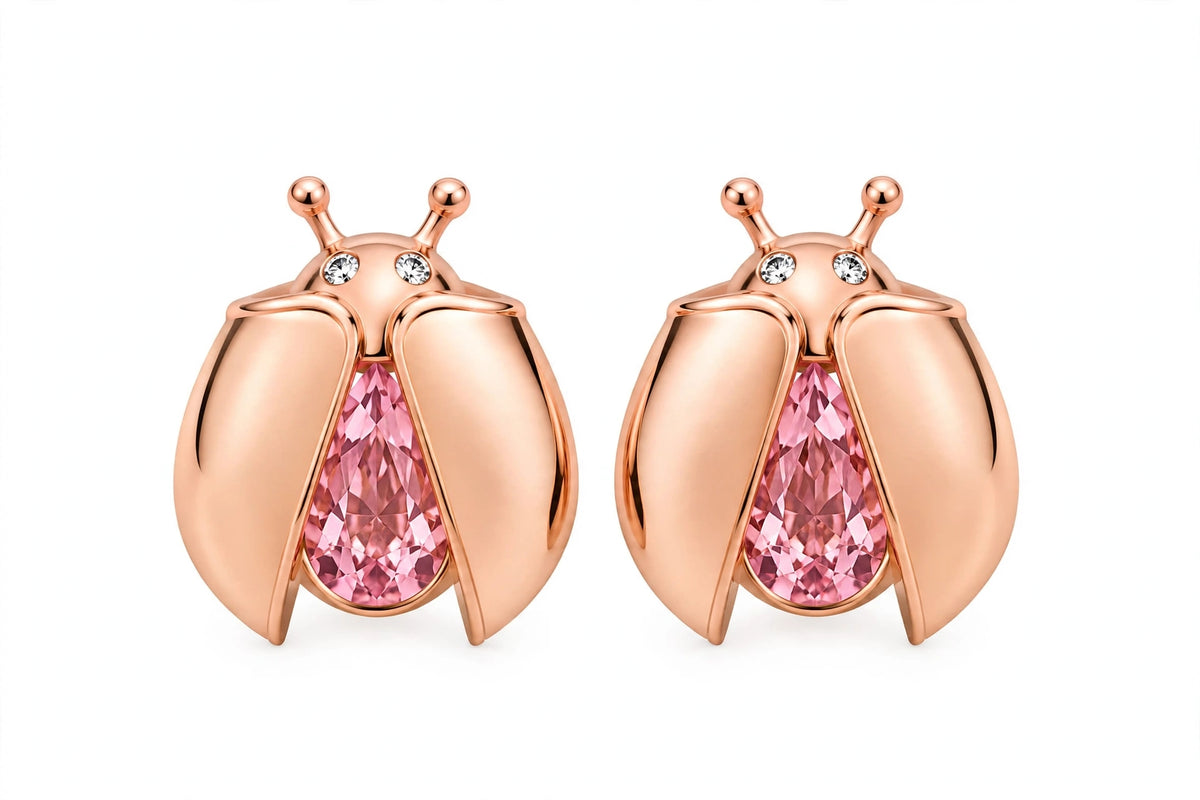 14K Gold Ladybug Stud Earrings with Pear-Cut Pink Zirconia & Crystal Eyes.