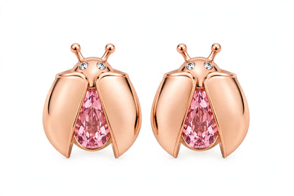 14K Gold Ladybug Stud Earrings with Pear-Cut Pink Zirconia & Crystal Eyes.