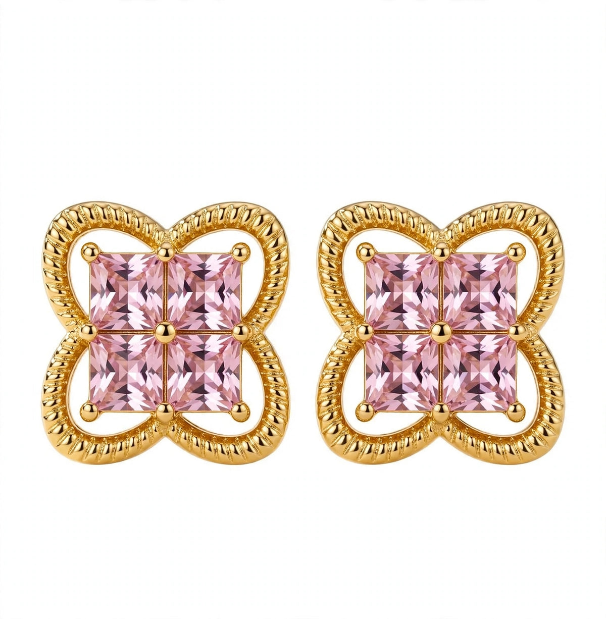 Princess-Cut Pink Gemstone Four-Leaf Clover Ear Studs