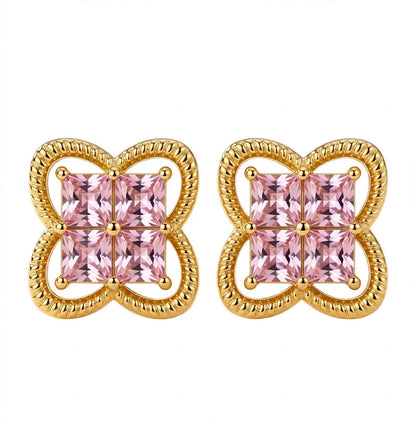Princess-Cut Pink Gemstone Four-Leaf Clover Ear Studs