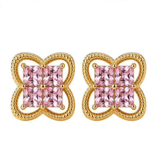 14K Yellow Gold Princess-Cut Pink Gemstone Four-Leaf Clover Ear Studs