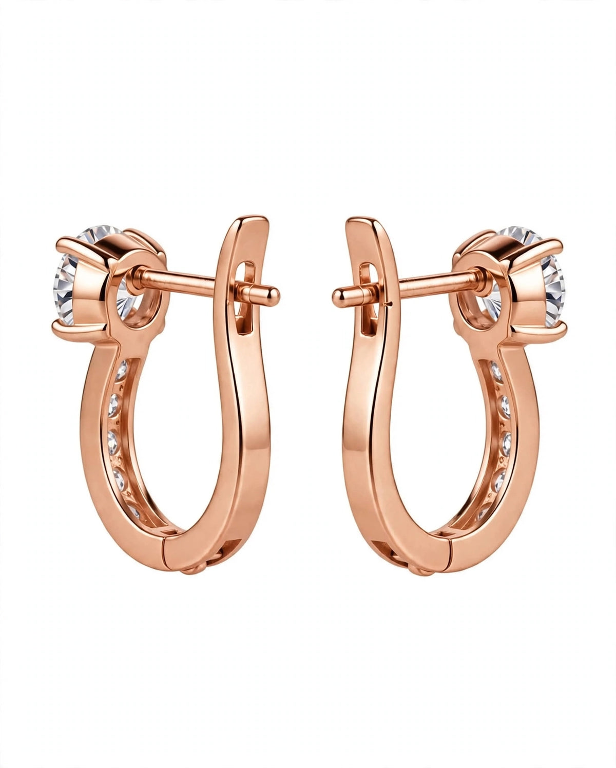 Rose Gold Leverback Hoop Earrings with Solitaire Top Stone & Pave Accent Crystals
