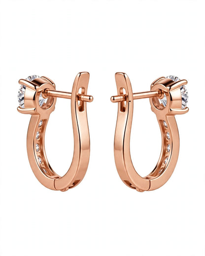 Rose Gold Leverback Hoop Earrings with Solitaire Top Stone & Pave Accent Crystals
