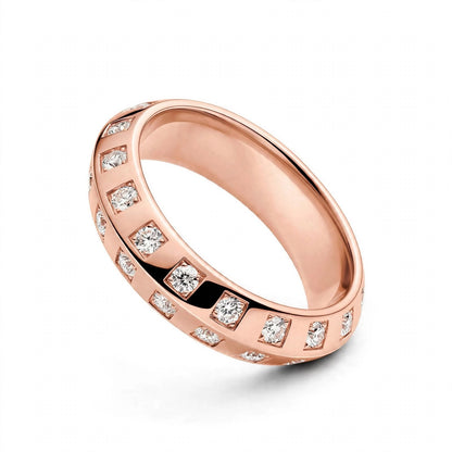 18K Rose Gold Checkerboard Bezel Square Set Round Diamond Ring