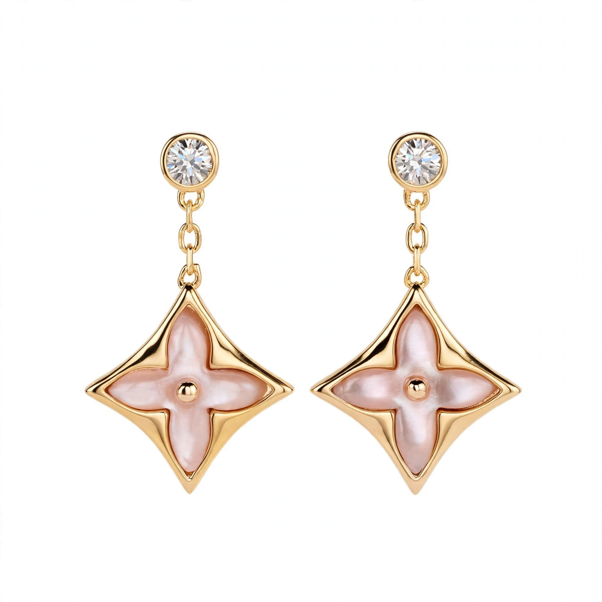 Handmade Pink Mother of Pearl Clover Drop Earrings in Gold Filled.