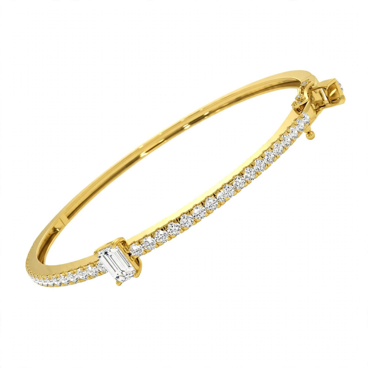 14K White Gold Emerald-Cut Diamond Solitaire Pavé Bangle Bracelet