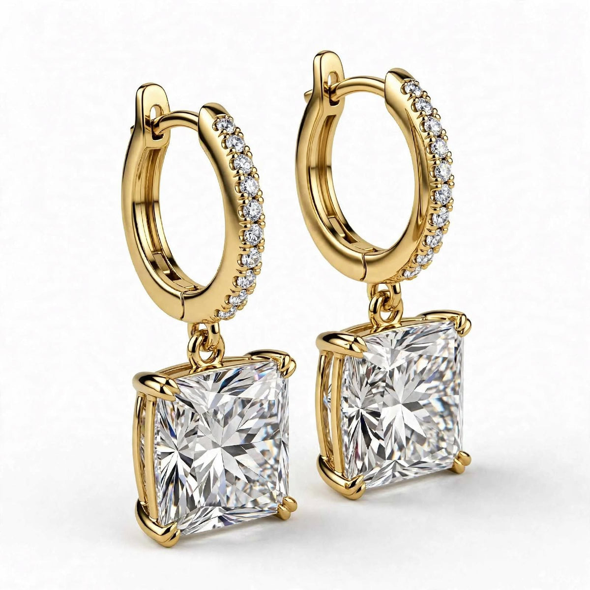 14K Yellow Gold Princess Cut Diamond Huggie Drop Earrings