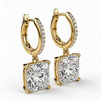 14K Yellow Gold Princess Cut Diamond Huggie Drop Earrings