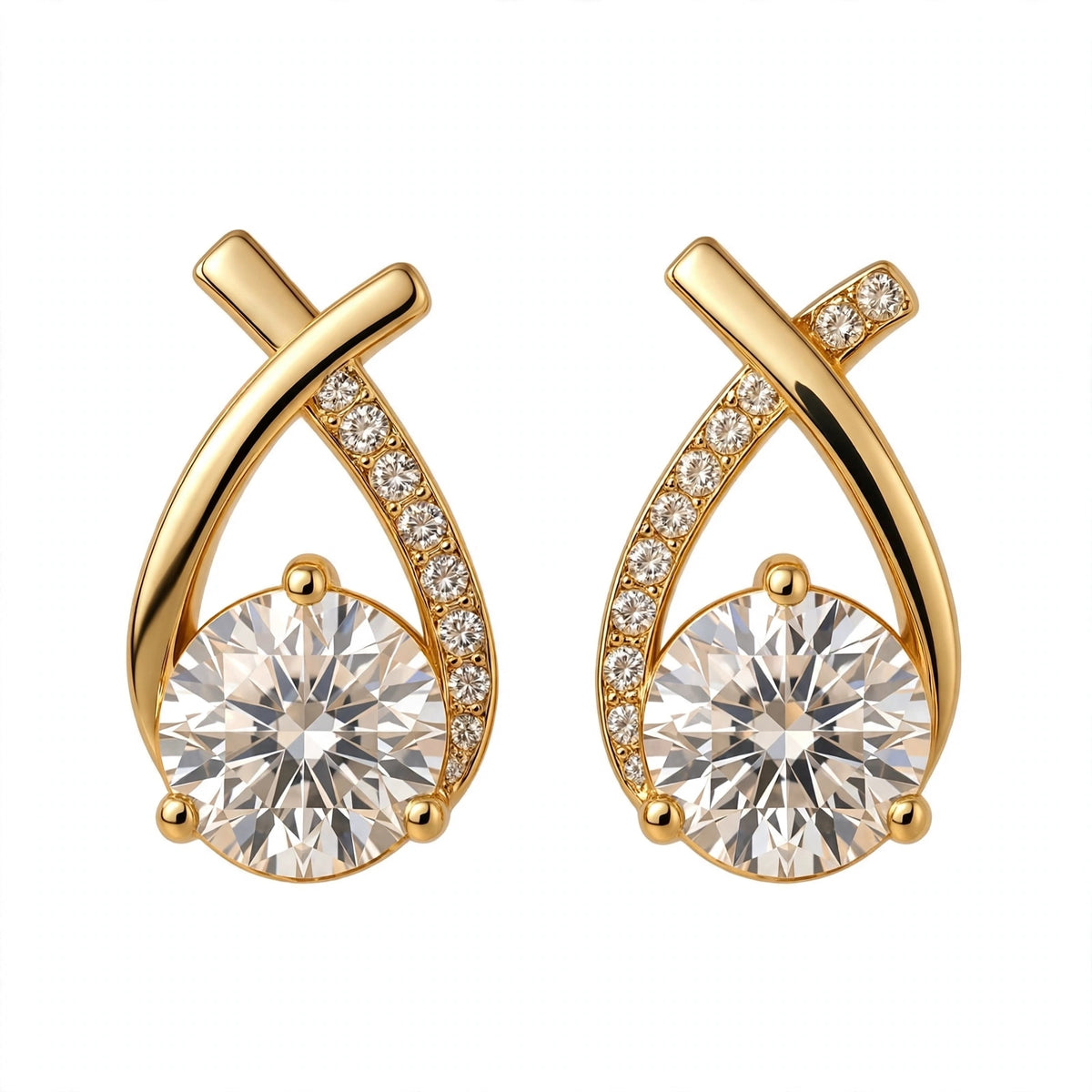 Yellow Gold Criss-Cross Solitaire Stud Earrings
