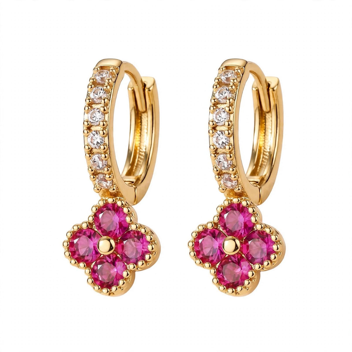 925 Sterling Silver Pink Ruby Clover Huggie Hoop Earrings