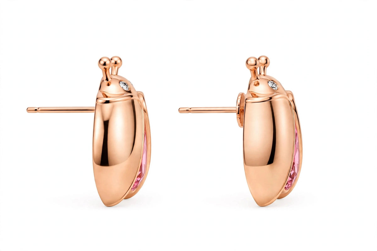 14K Gold Ladybug Stud Earrings with Pear-Cut Pink Zirconia & Crystal Eyes.
