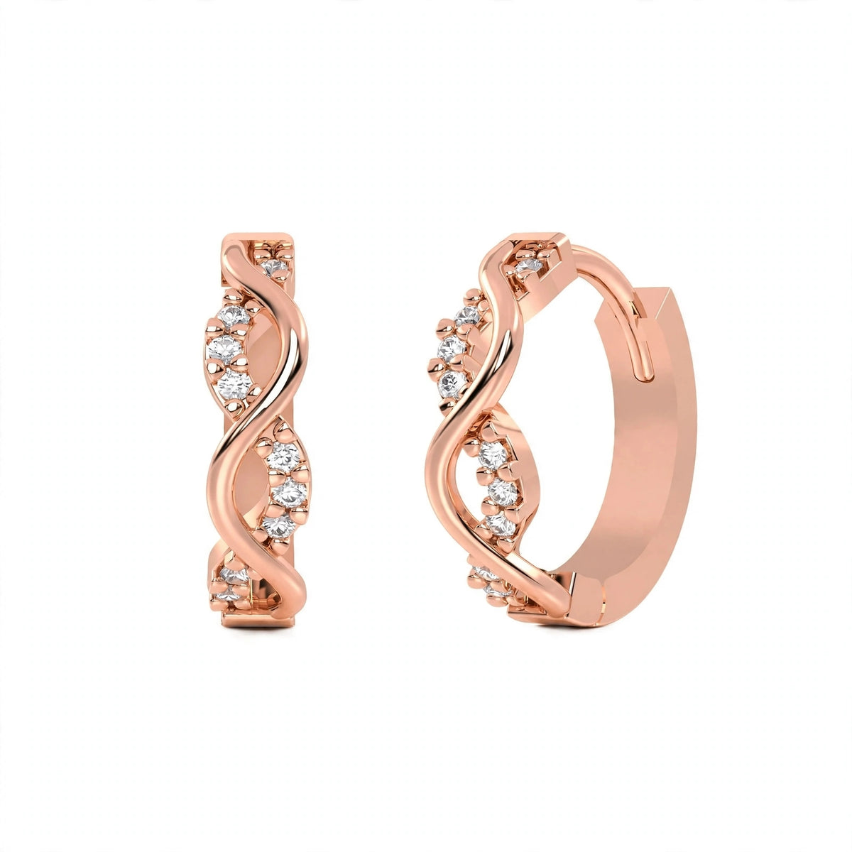 Yellow Gold Infinity Twist Diamond Huggie Hoop Earrings