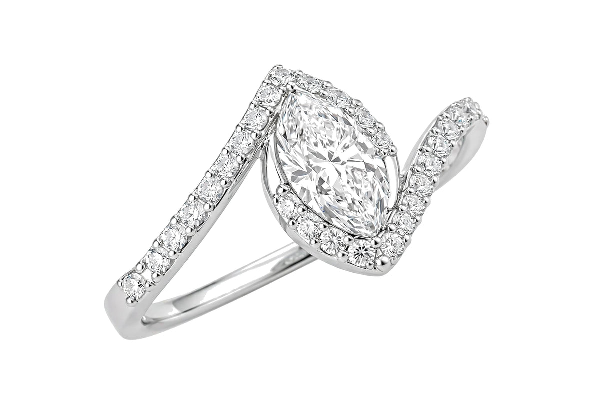 14K Yellow Gold Marquise Diamond Bypass Engagement Ring with Pavé Halo.