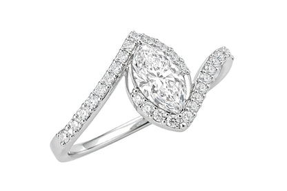 14K Yellow Gold Marquise Diamond Bypass Engagement Ring with Pavé Halo.
