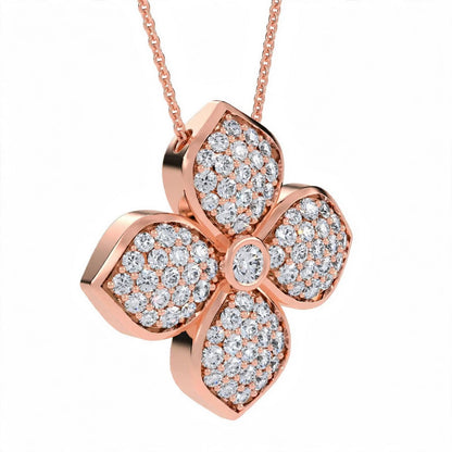18K Yellow Gold Pavé Diamond Four-Petal Flower Pendant Necklace