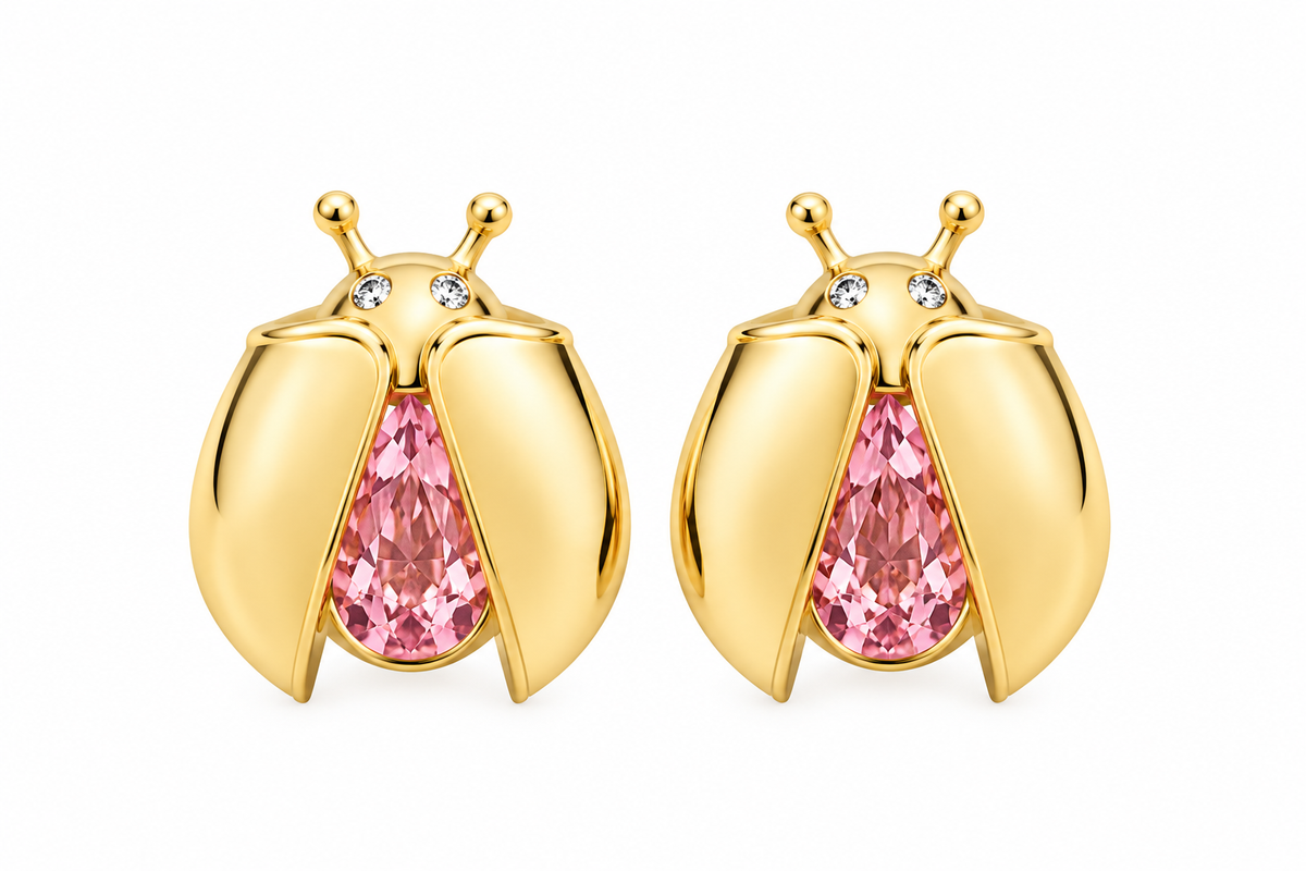 14K Gold Ladybug Stud Earrings with Pear-Cut Pink Zirconia & Crystal Eyes.
