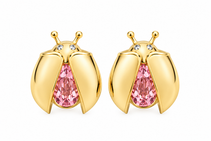 14K Gold Ladybug Stud Earrings with Pear-Cut Pink Zirconia & Crystal Eyes.