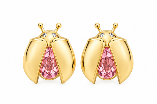 14K Gold Ladybug Stud Earrings with Pear-Cut Pink Zirconia & Crystal Eyes.