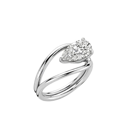14K Yellow Gold Sculptural Pear-Shaped Diamond Wave Ring.