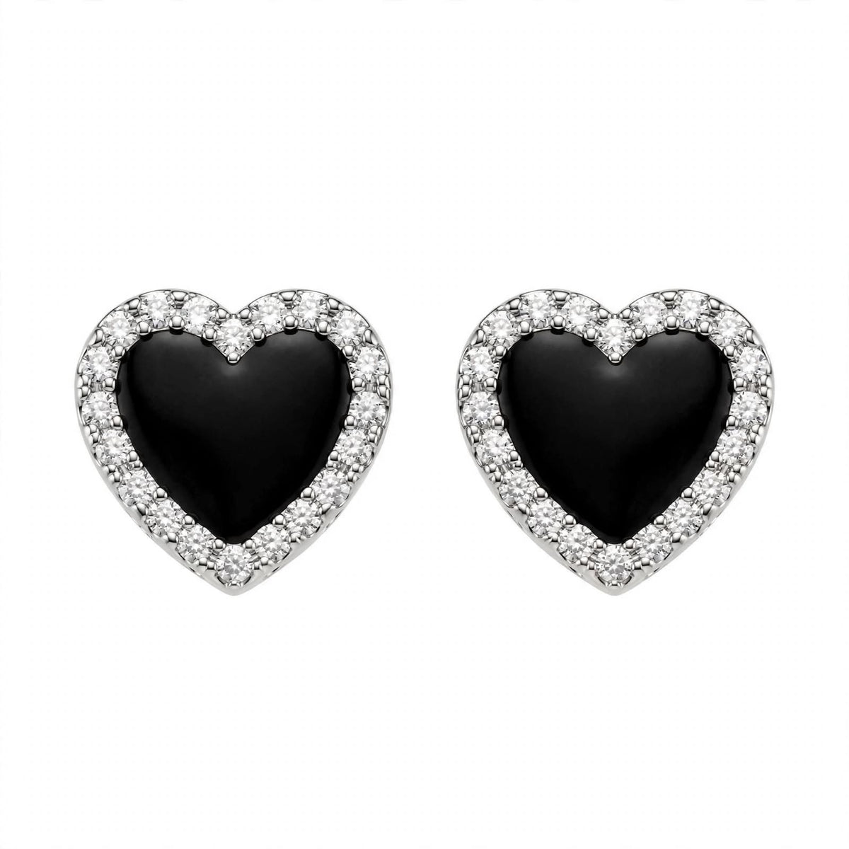 14K Yellow Gold Black Onyx Heart Stud Earrings with Diamond Halo