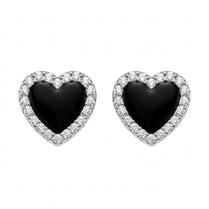 14K Yellow Gold Black Onyx Heart Stud Earrings with Diamond Halo