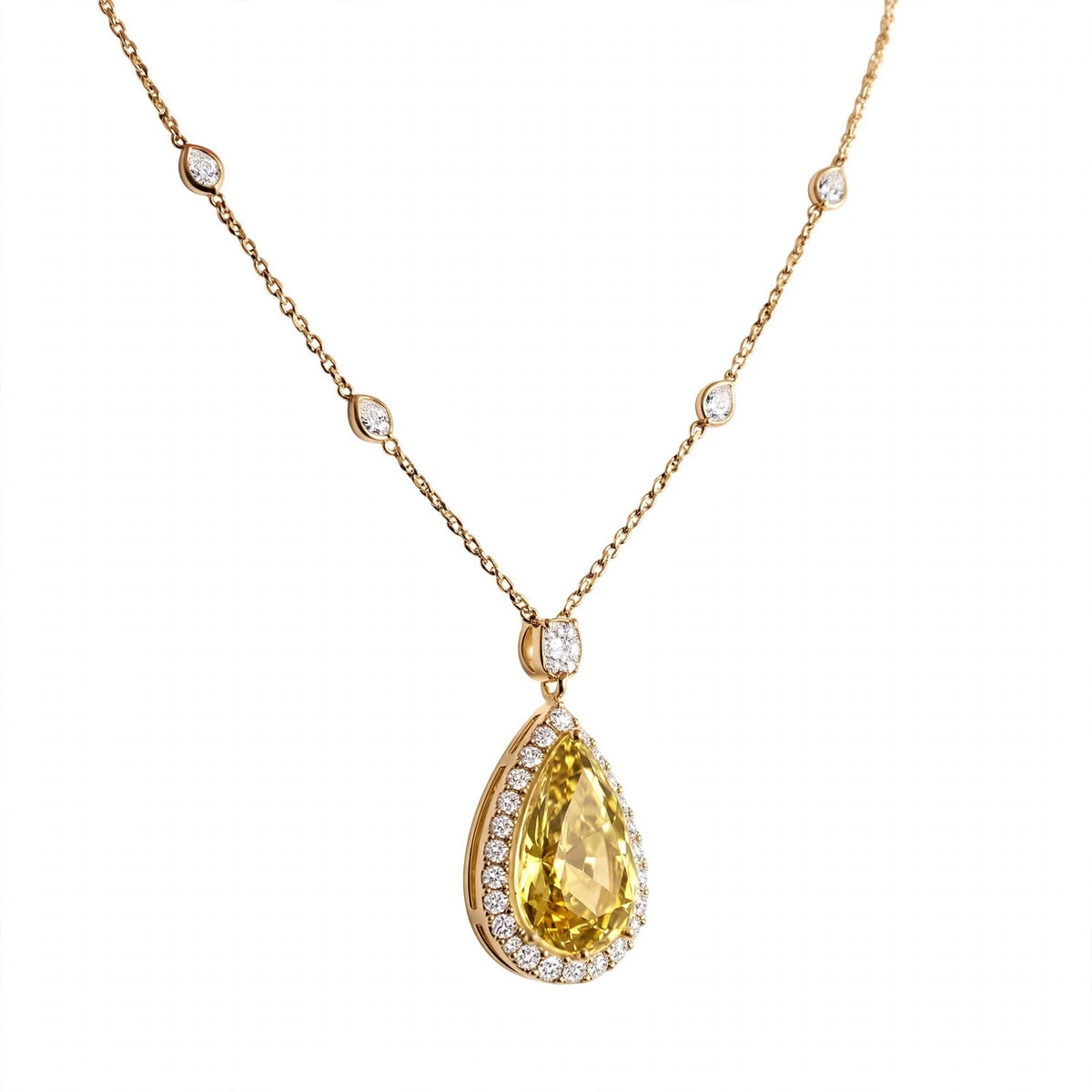 18K Rose Gold GIA-Certified Canary Yellow Pear Diamond Halo Pendant Necklace