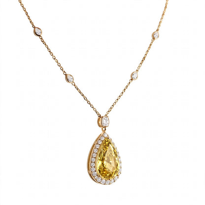 18K Rose Gold GIA-Certified Canary Yellow Pear Diamond Halo Pendant Necklace