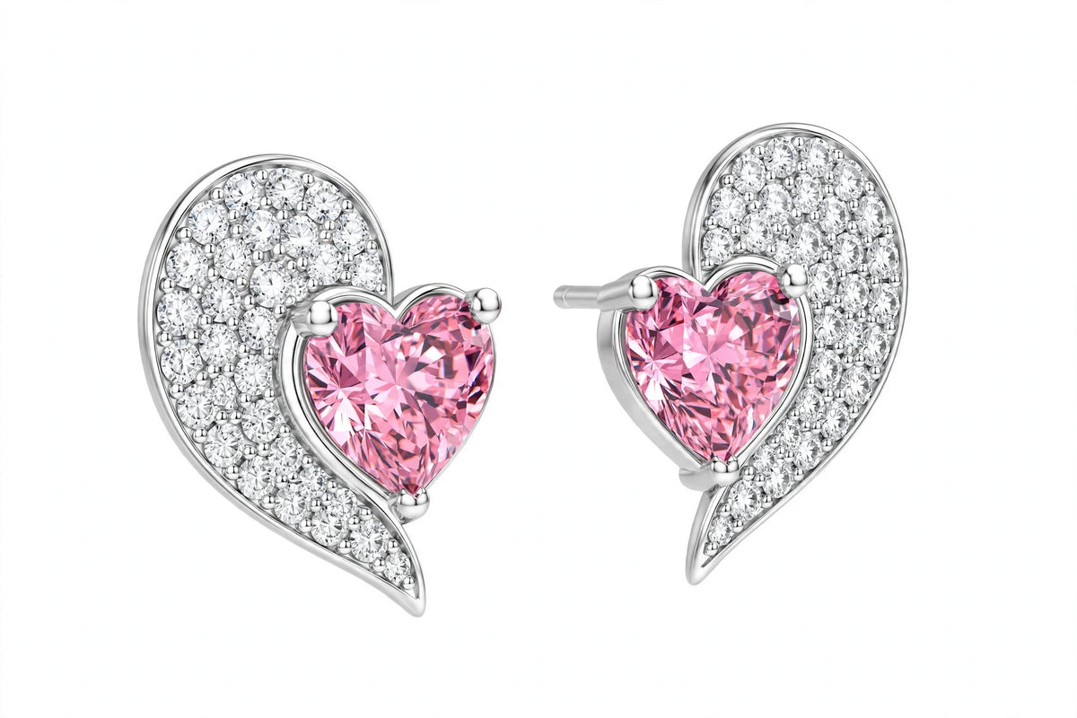 925 Sterling Silver Pink Heart Stud Earrings | Pavé Crystal Jewelry.