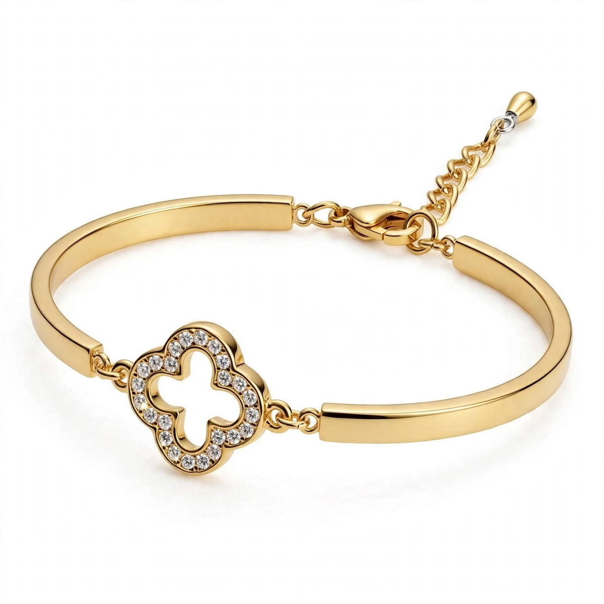 18K Yellow Gold Pavé Clover Bangle Bracelet