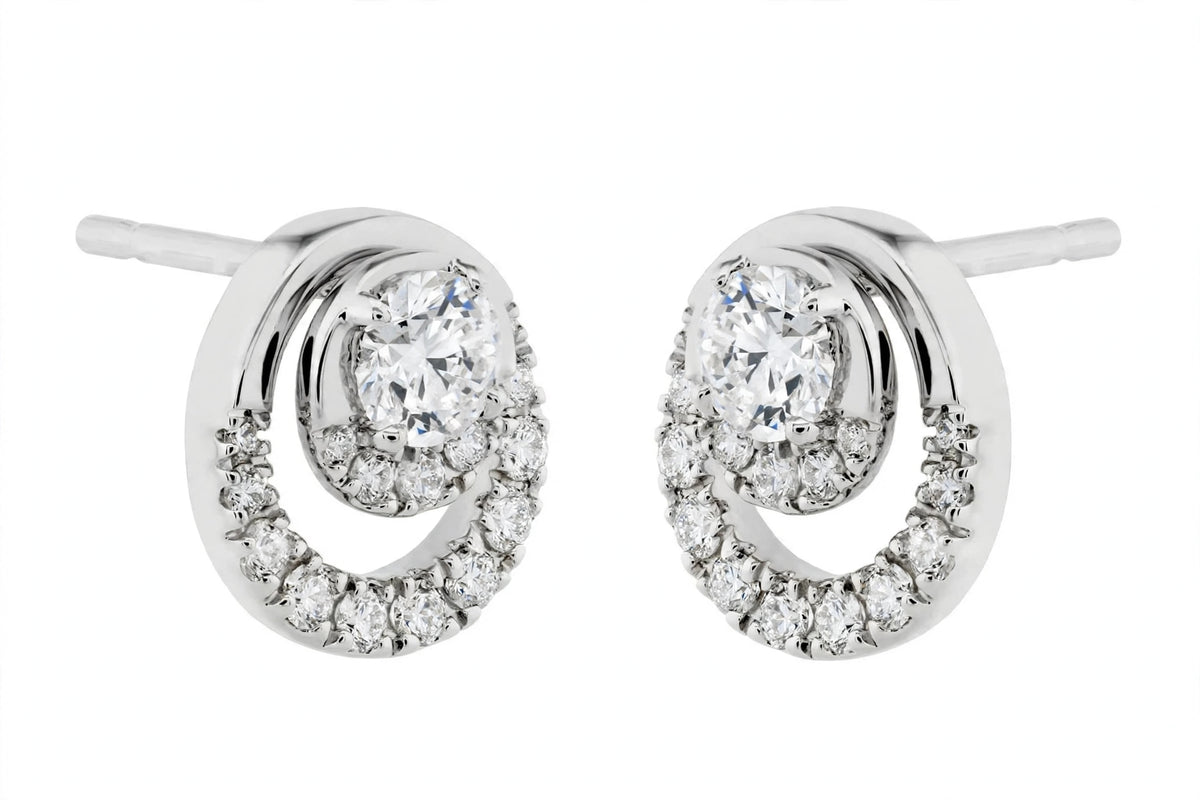 14K Yellow Gold Round Diamond Double Circle Stud Earrings