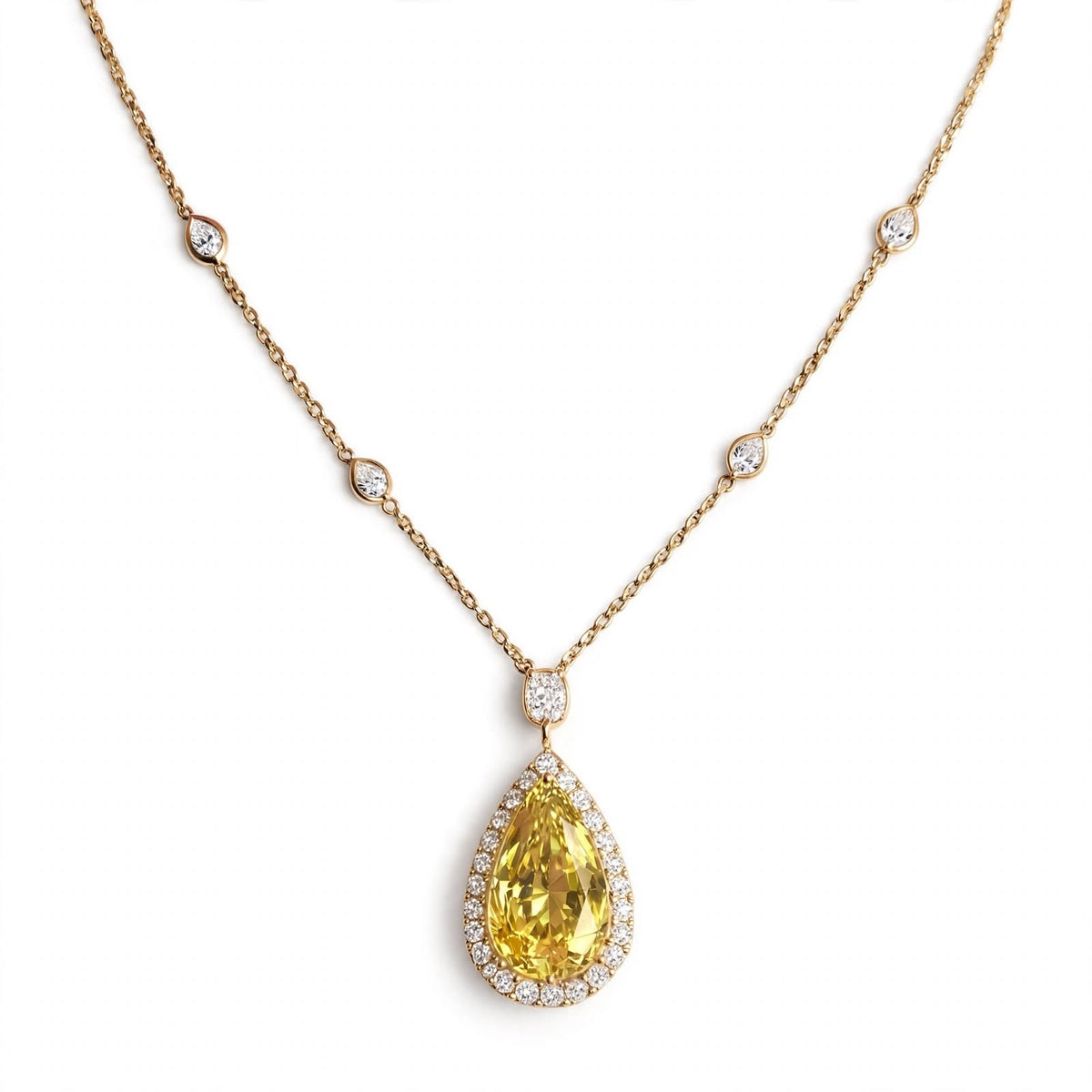 18K Rose Gold GIA-Certified Canary Yellow Pear Diamond Halo Pendant Necklace