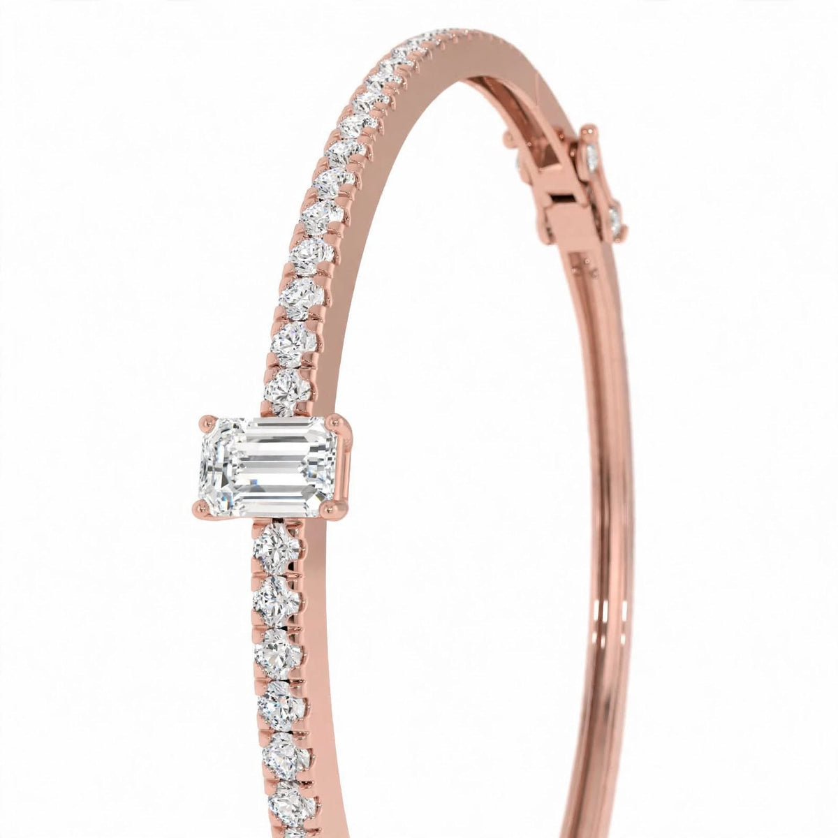 14K White Gold Emerald-Cut Diamond Solitaire Pavé Bangle Bracelet