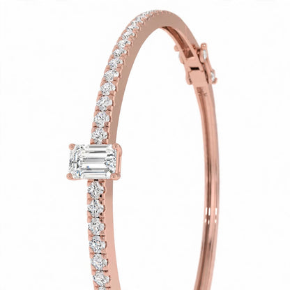 14K White Gold Emerald-Cut Diamond Solitaire Pavé Bangle Bracelet