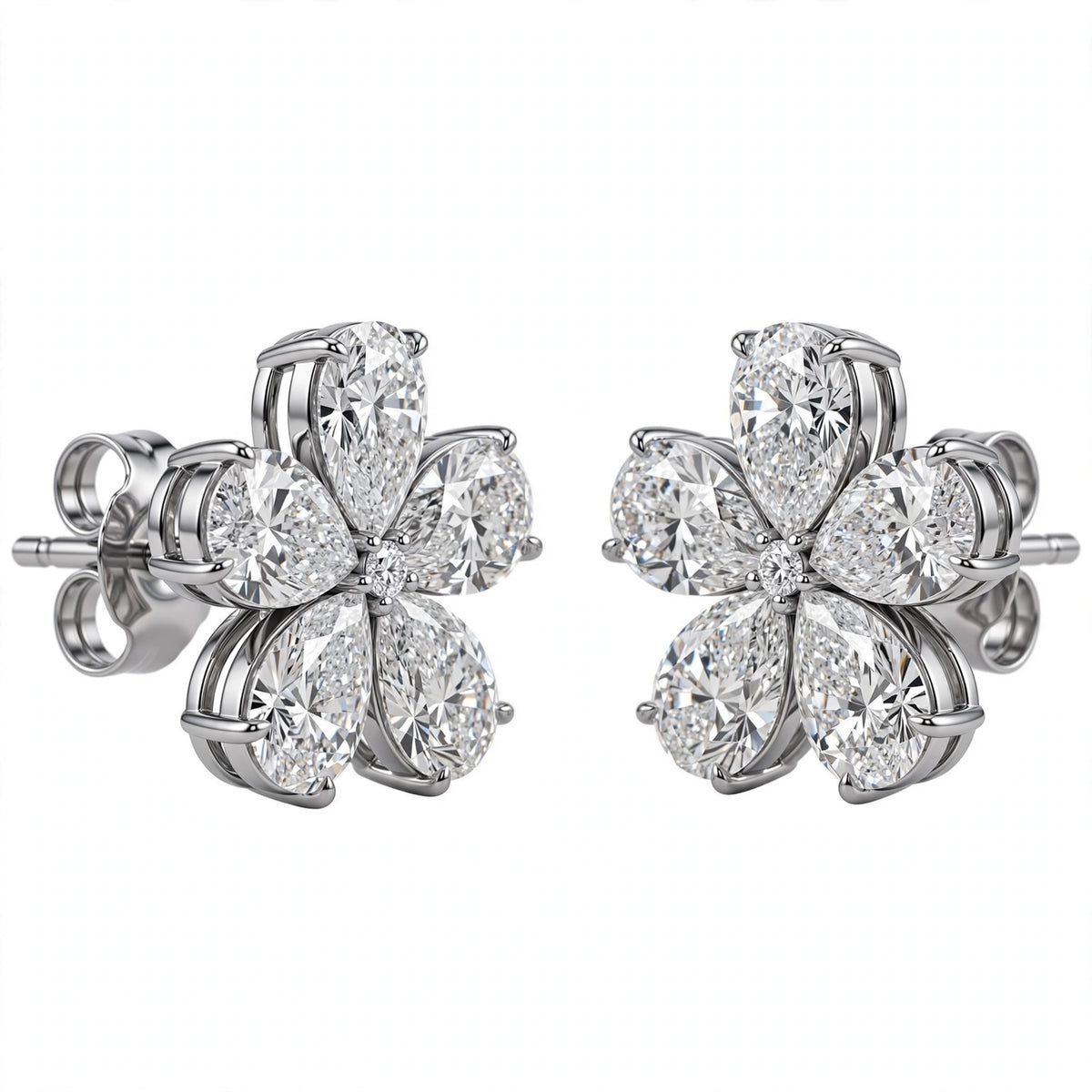 14K White Gold Pear-Shaped Diamond Flower Cluster Stud Earrings