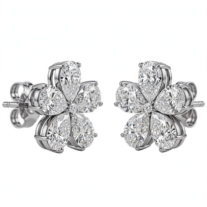14K White Gold Pear-Shaped Diamond Flower Cluster Stud Earrings