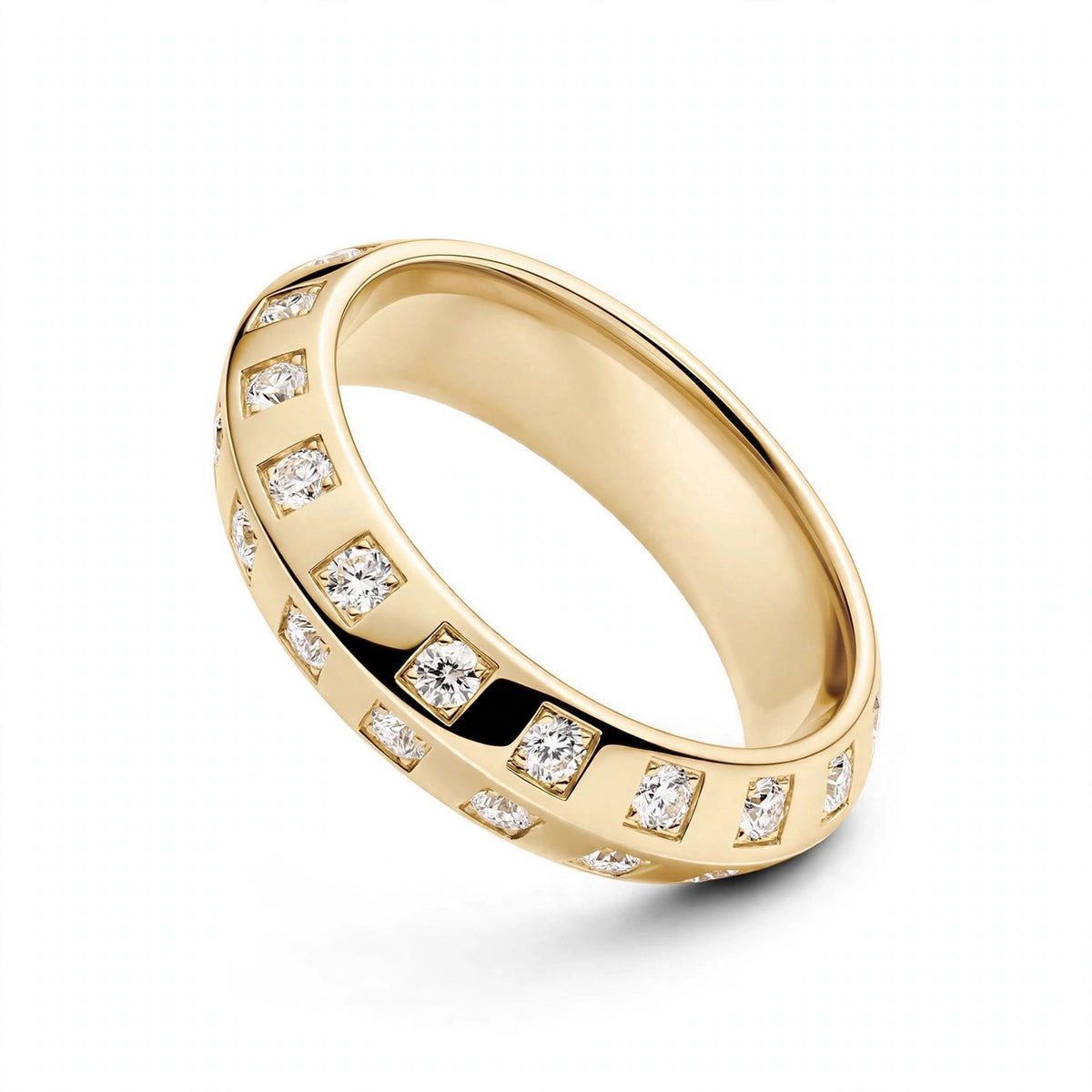 18K Rose Gold Checkerboard Bezel Square Set Round Diamond Ring
