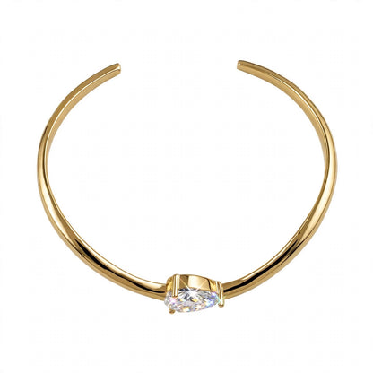 14K Yellow Gold Pear-Cut Solitaire Wave Cuff Bangle