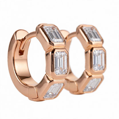 18K Rose Gold Bezel-Set Emerald-Cut Diamond Huggie Hoop Earrings