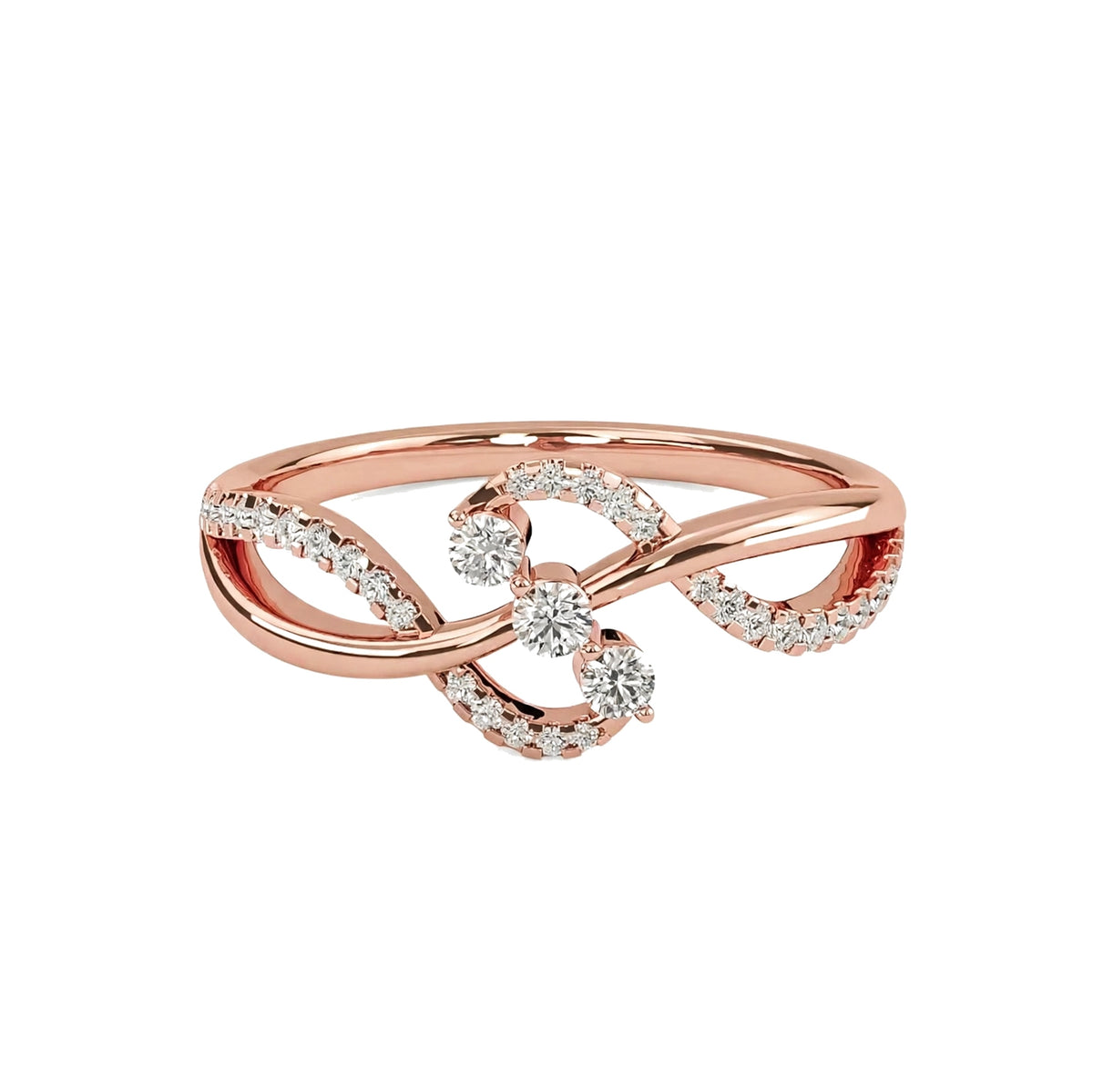 14K Yellow Gold Infinity Twist Three Stone Bypass Diamond Ring.