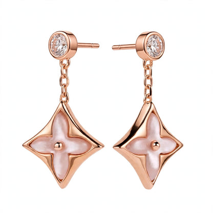 Handmade Pink Mother of Pearl Clover Drop Earrings in Gold Filled.
