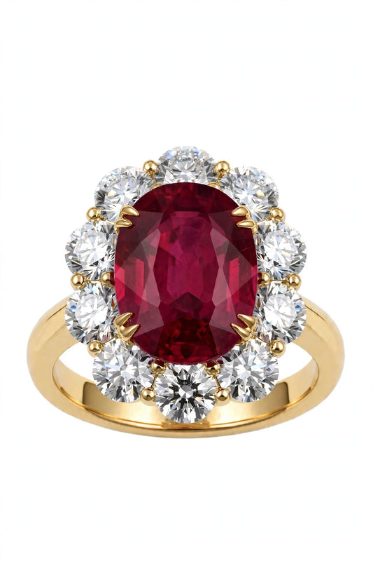 Oval Ruby Diamond Halo Statement Ring.