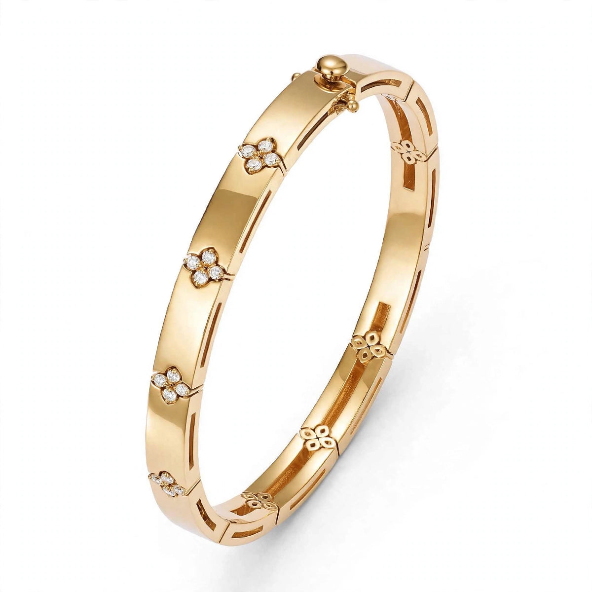 18K Yellow Gold Diamond Flower Station Bangle Bracelet