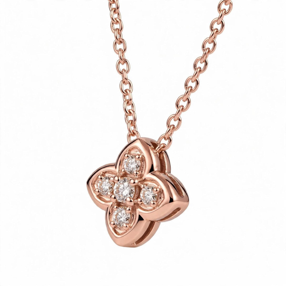 18K Yellow Gold Four-Petal Flower Diamond Pendant Necklace
