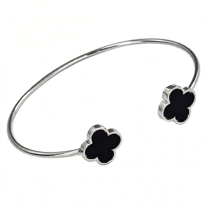 18K Gold Plated Open Cuff Bangle with Twin Black Clover Motifs