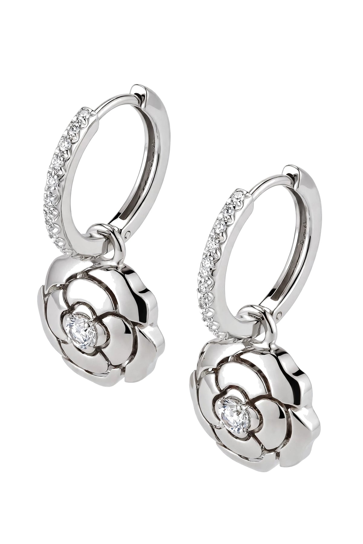 18K Rose Gold Camellia Flower Drop Earrings with Brilliant Diamonds.