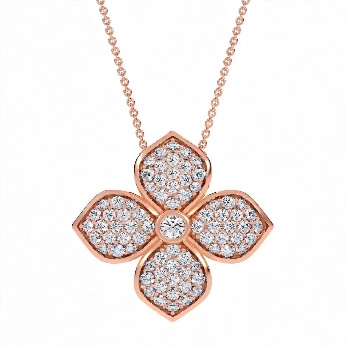 18K Yellow Gold Pavé Diamond Four-Petal Flower Pendant Necklace