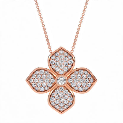 18K Yellow Gold Pavé Diamond Four-Petal Flower Pendant Necklace