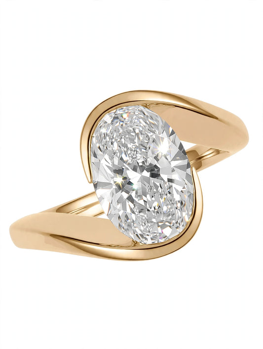Oval-cut diamond solitaire engagement ring crafted with a modern, sculptural bypass shank and partial half-bezel setting.