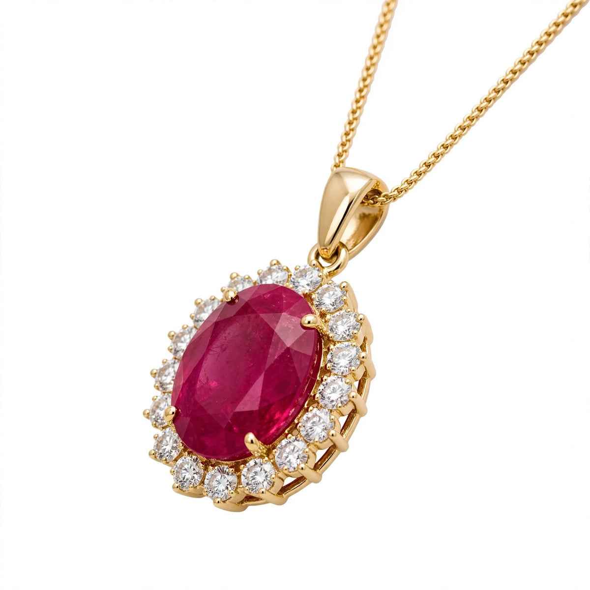 14K Yellow Gold Oval Ruby and Diamond Halo Pendant Necklace